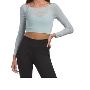 NWT MOVE THEOLOGY Blue Mist Mesh Layer Up Long Sleeve Top Medium Sheer Shelf Bra